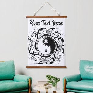 Yin & Yang Symbol Schwarz-Weiß-Tätowierungsstil Wandteppich Mit Holzrahmen