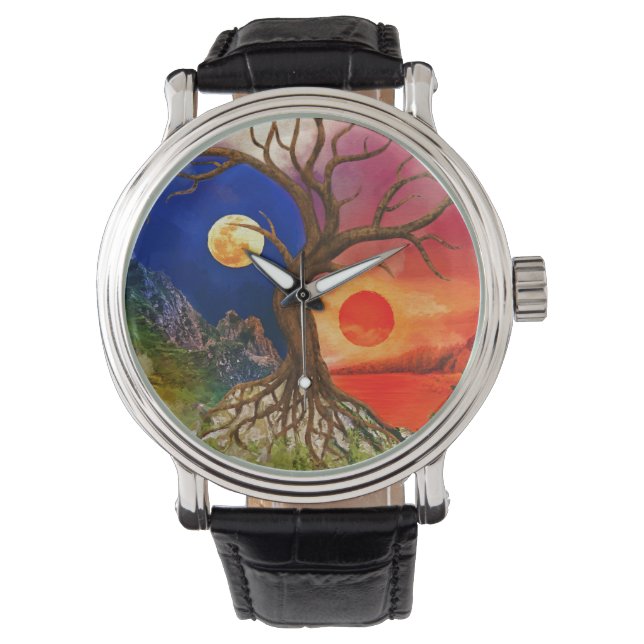 Yin Yang Tree Landscape Armbanduhr (Vorderseite)