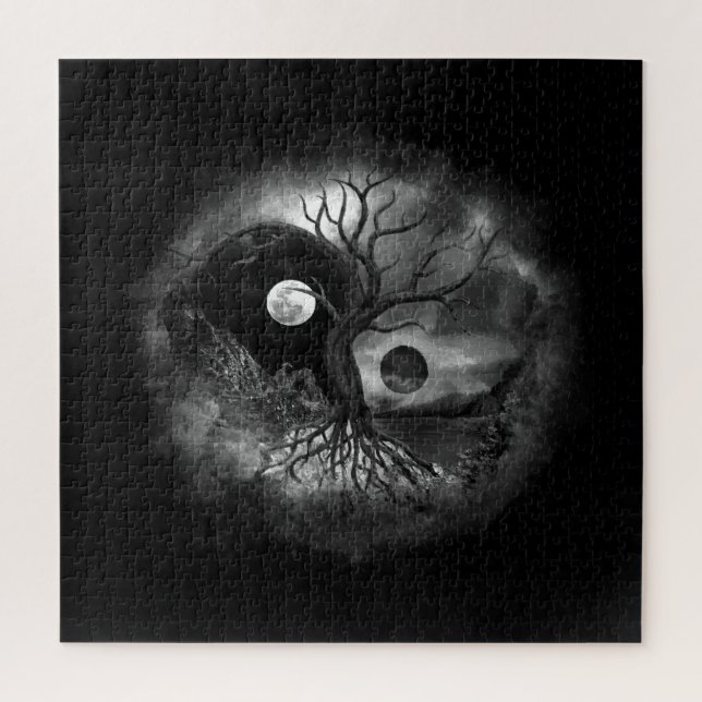 Yin Yang Tree Landscape Black and White (Vertikal)