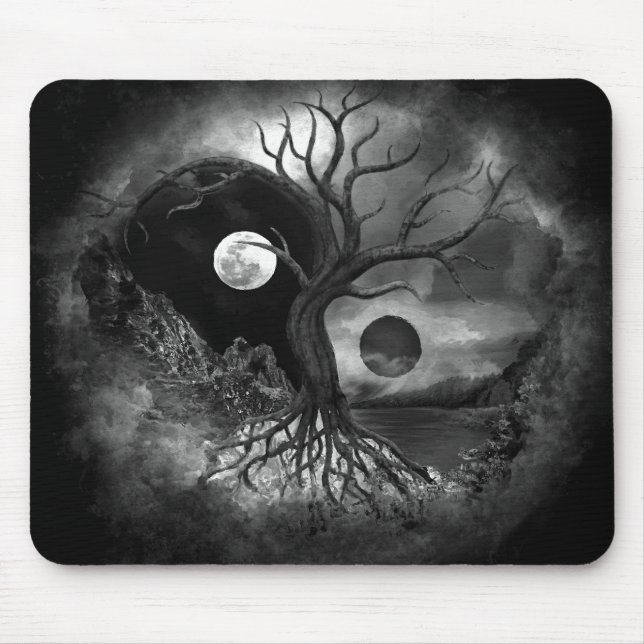 Yin Yang Tree Landscape Black and White Mousepad (Vorne)
