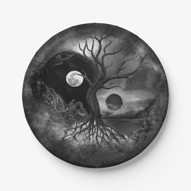Yin Yang Tree Landschaft Schwarz-Weiß Pappteller (Vorderseite)