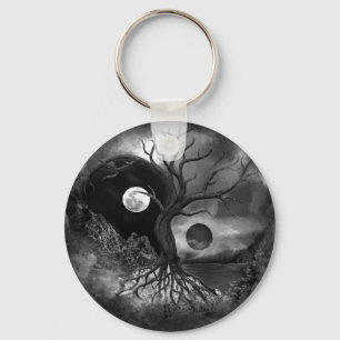 Yin Yang Tree Landschaft Schwarz-Weiß Schlüsselanhänger
