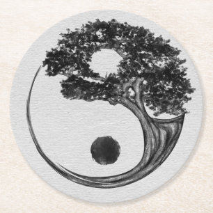 Yin Yang Tree Leinwand Runder Pappuntersetzer
