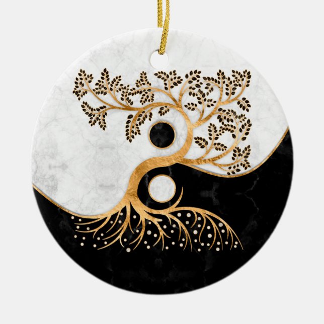 Yin Yang Tree - Marmor und Gold Keramik Ornament (Vorne)