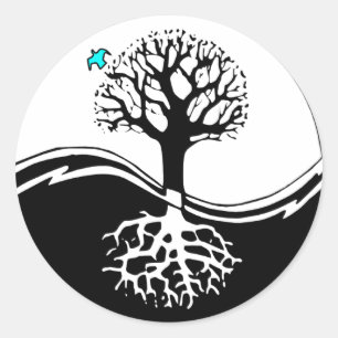 Yin Yang Tree of Life Black & White Runder Aufkleber