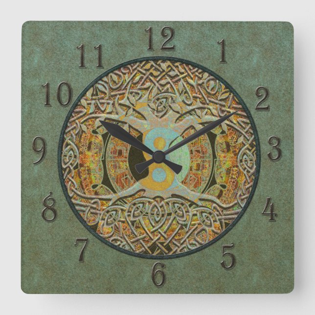 Yin Yang Tree of Life Leather Look Quadratische Wanduhr (Vorderseite)