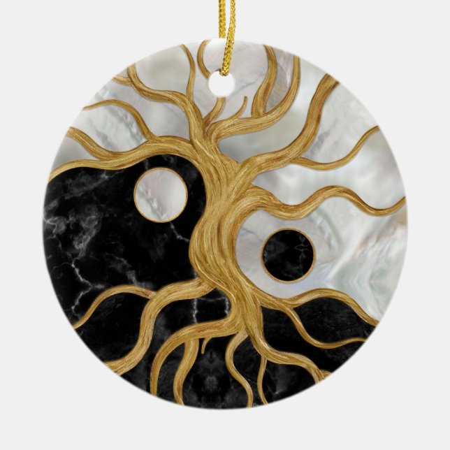 Yin Yang Tree of life - Marmor und Gold Keramik Ornament (Vorne)