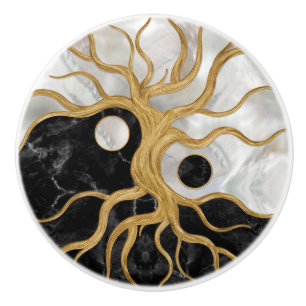Yin Yang Tree of life - Marmor und Gold Keramikknauf