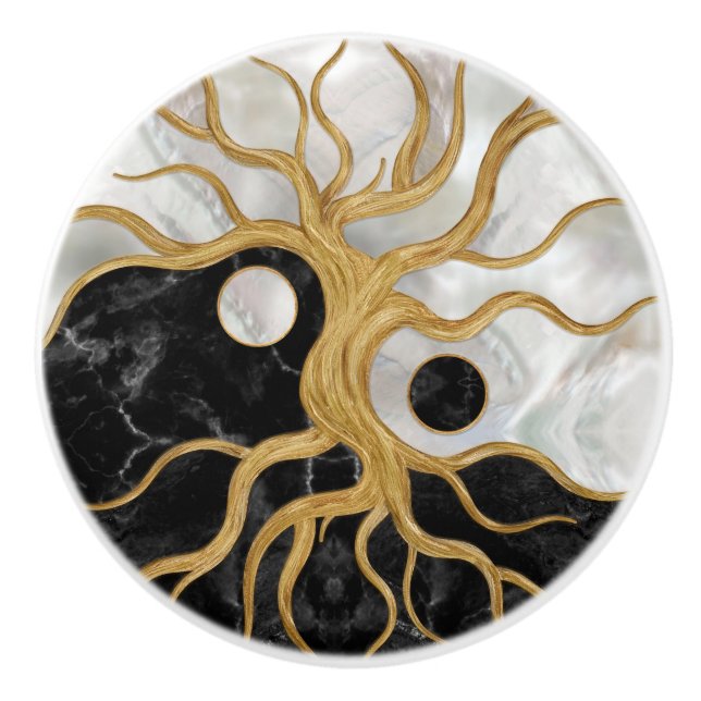 Yin Yang Tree of life - Marmor und Gold Keramikknauf (Vorderseite)