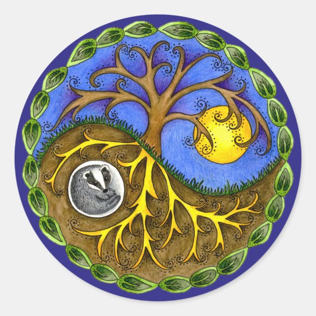 Yin & Yang Tree und Badger Runder Aufkleber (Vorderseite)