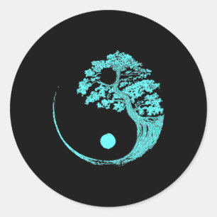 Yin Yang Turquoise Blue Bonsai Tree Japanisch Runder Aufkleber