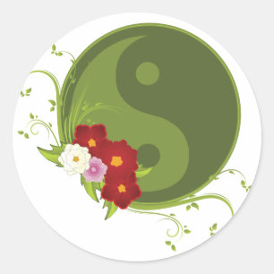 Yin Yang und Blume Runder Aufkleber
