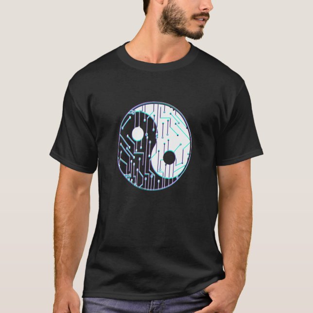 Yin Yang With Glitch Effect In Computer Chip And V T-Shirt (Vorderseite)