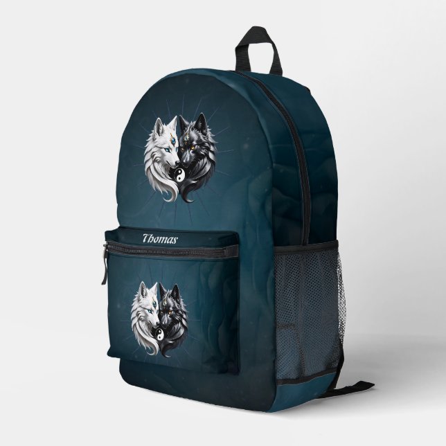 Yin Yang Wolves. Bedruckter Rucksack (Rückseitige Ecke Rechts)