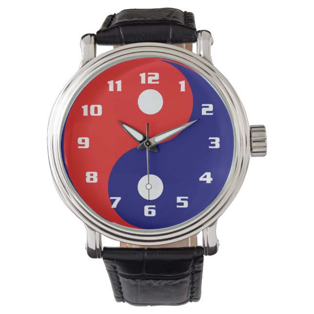 Ying Yang in lebhaften Rot-Weiß- und Blautönen Armbanduhr (Vorderseite)