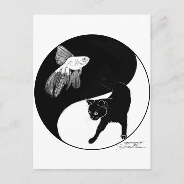 YinYang Fisch und Katze - Schwarze und weiße Postk Postkarte (Vorderseite)