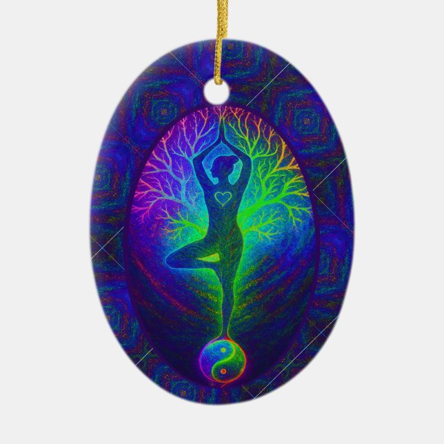 Yoga-Baum Friedensregenbogen Keramik Ornament (Vorne)