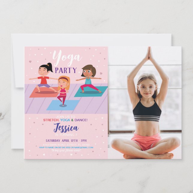 Yoga Birthday Party Girls Stretch Tumble Foto Einladung (Vorderseite)