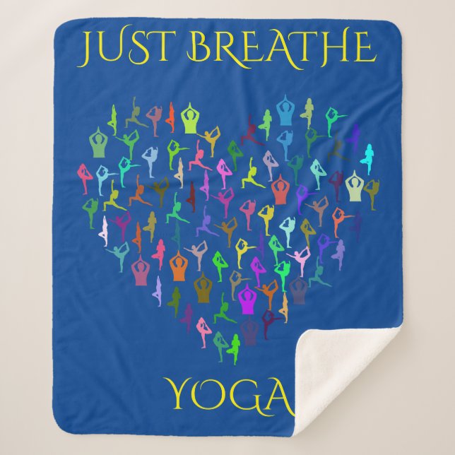 YOGA blaue Sherpa-Decke mit Herz. "JUST BREATH Sherpadecke (Vorderseite)