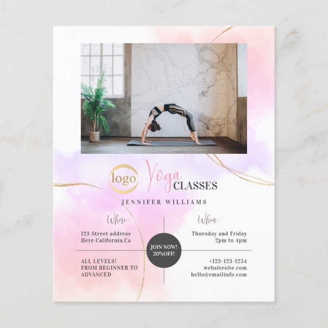Yoga Classes Foto Logo Aquarellfarbe Rosa Goldene  Flyer (Vorne)