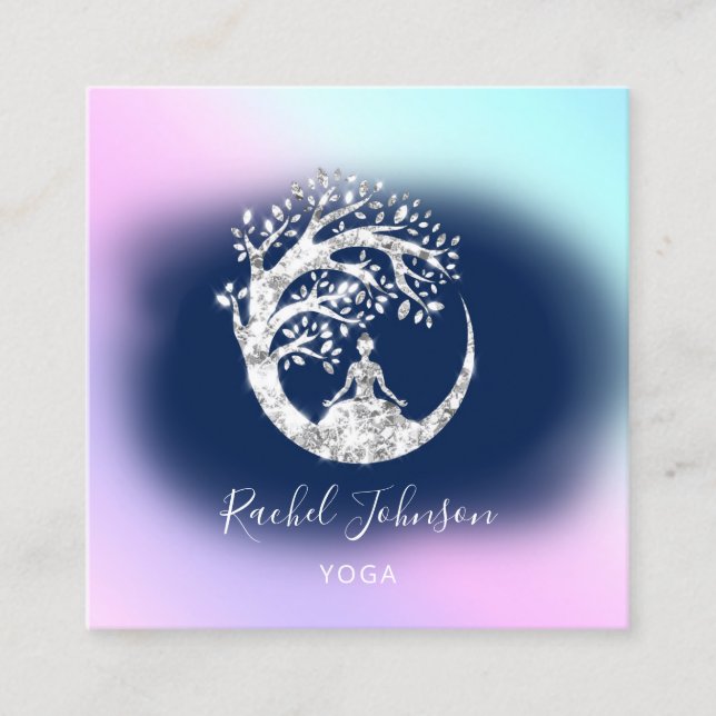 Yoga Classes School Logo Instructor QR Blue Navy Quadratische Visitenkarte (Vorderseite)