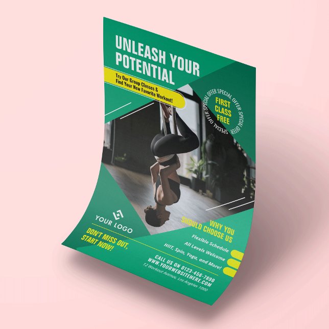 Yoga Fitness Classes Trendy Marketing Foto Gym Flyer (Trendy teal and yellow fitness workout flyer design with custom text, logo and photo)
