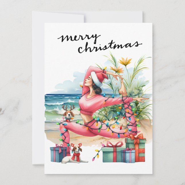 Yoga-Frau mit Geschenk am Strand Weihnachten Thema (Vorderseite)