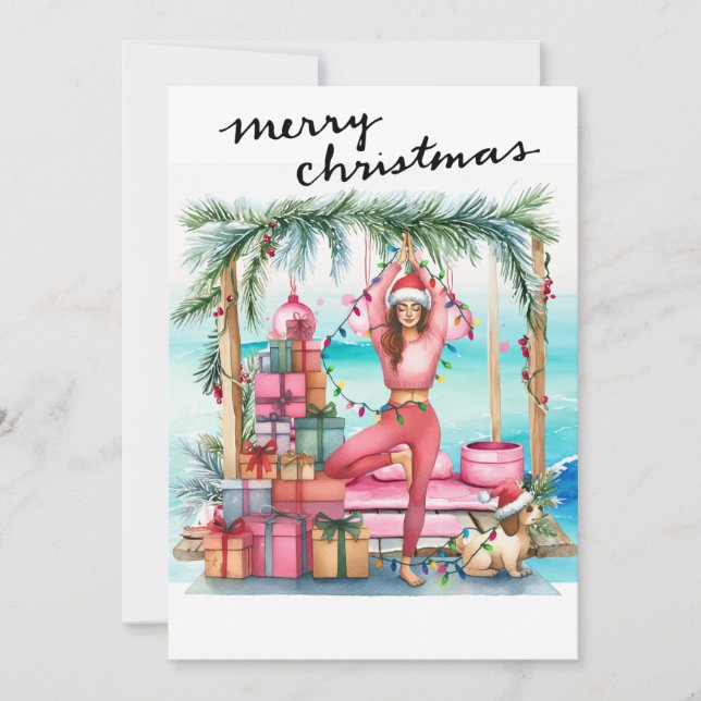 Yoga-Frau mit Geschenk am Strand Weihnachten Thema (Vorderseite)