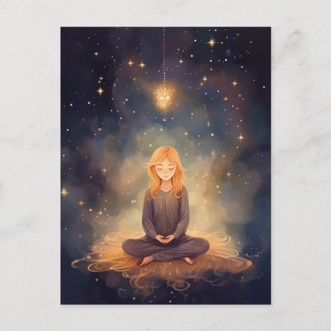 Yoga Girl meditieren, Dreamy Star Clouds Celestial Postkarte (Vorderseite)