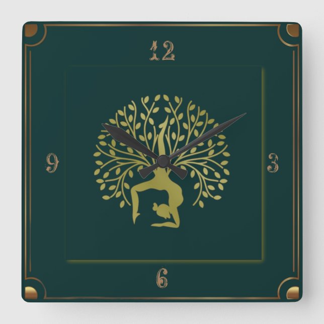 Yoga grün quadratische wanduhr (Vorderseite)