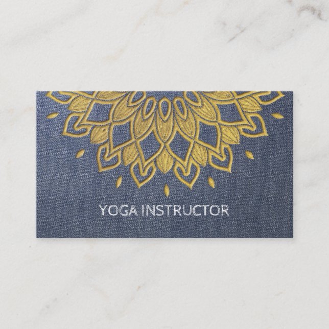 YOGA Instructor Chic Stickerei Blue Gold Floral Visitenkarte (Vorderseite)