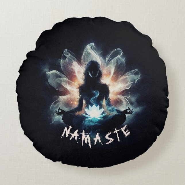 Yoga Instructor Meditation Pose Glühen Mist Lotus Rundes Kissen (Vorderseite)