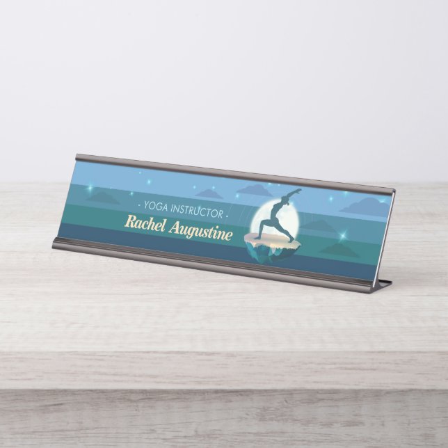 Yoga Instructor Meditation Pose Moon Flying Island Schreibtischnamensplakette (Vorderseite )