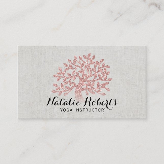 Yoga Instructor Rose Gold Tree Elegantes Leinen Visitenkarte (Vorderseite)