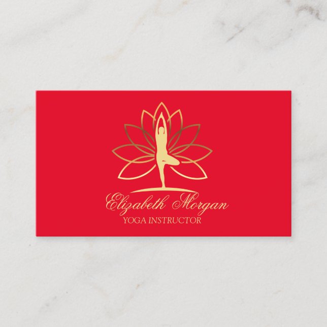 Yoga Instructor, Rot, Gold Frauen Silhouette Lotus Visitenkarte (Vorderseite)