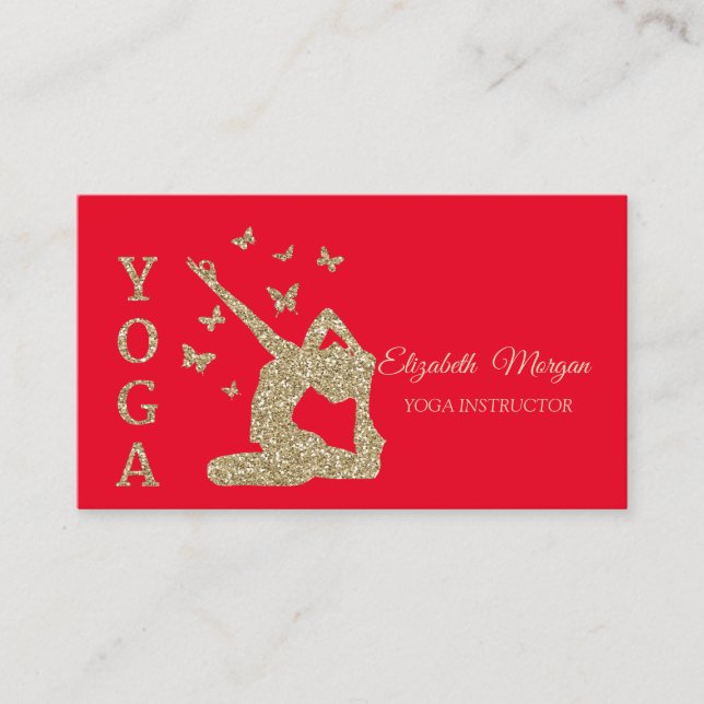 Yoga Instructor, Rot, Gold Glitzer Frauen Silhouet Visitenkarte (Vorderseite)