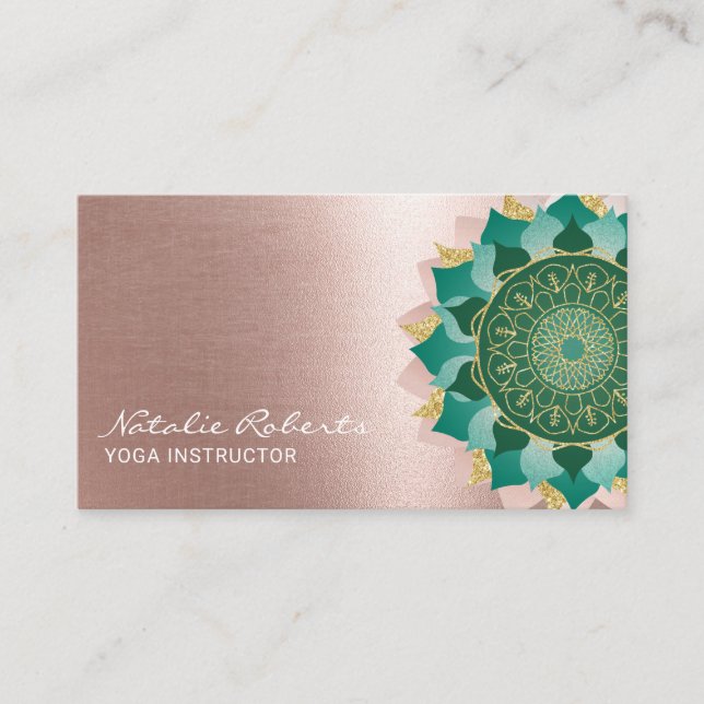 Yoga Instructor Turquoise Rose Gold Mandala Blume Visitenkarte (Vorderseite)