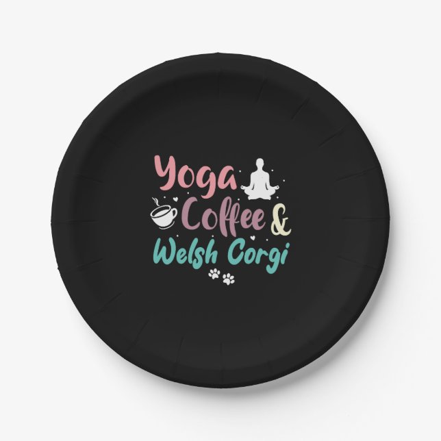 Yoga-Kaffee und Walisischer Corgis Pappteller (Vorderseite)