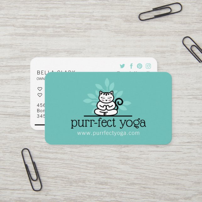 Yoga-Katze Meditieren Yoga-Pose Aquamarin Visitenkarte (Vorderseite/Rückseite Beispiel)