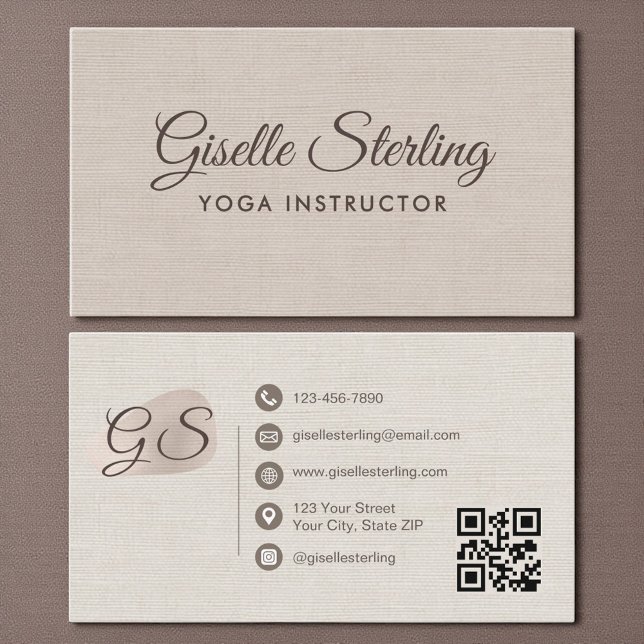 Yoga-Lehrer Beige Leinen Eleganter QR-Code Visitenkarte (Von Creator hochgeladen)