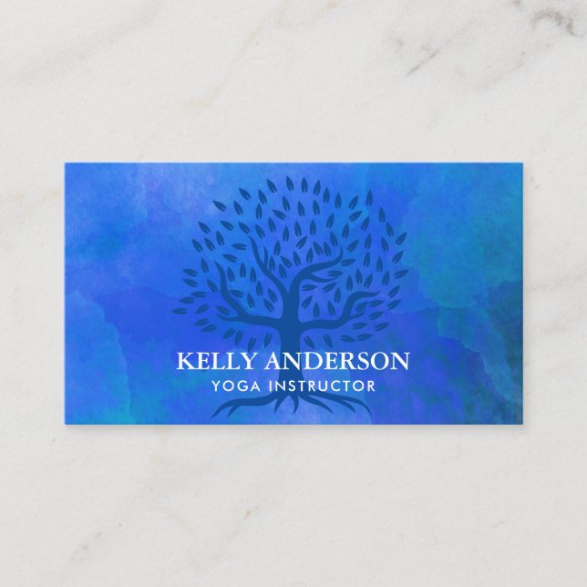 Yoga-Lehrer-Leben-Baum-elegantes blaues Aquarell Visitenkarte (Vorderseite)