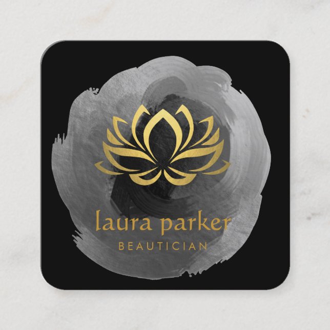 Yoga-Lehrer-Schwarz-GoldLotus-Kunst-Logo-Heilen Quadratische Visitenkarte (Vorderseite)