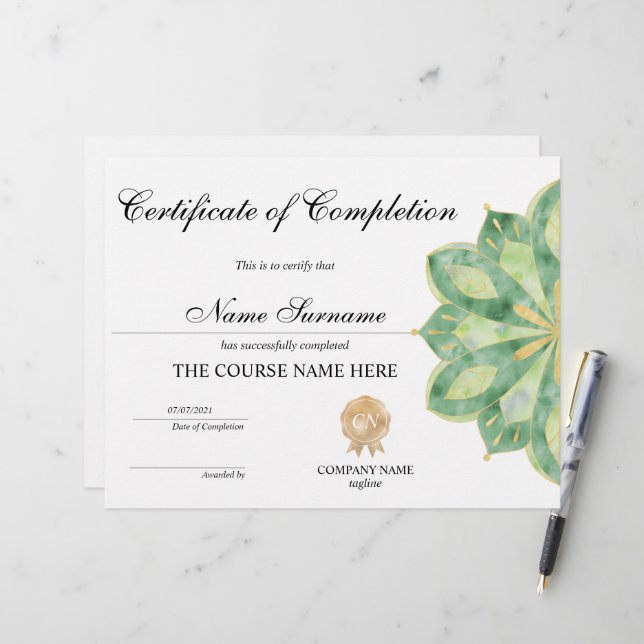 Yoga Lotus Certificate of Completion Award Course (Vorderseite/Rückseite Beispiel)