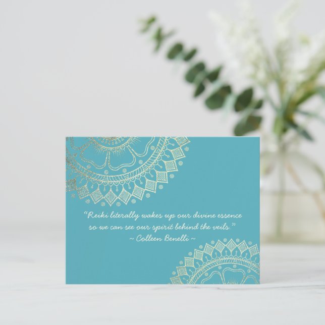 Yoga Meditation Instructor Blue Gold Mandala Zitat Postkarte (Stehend Vorderseite)