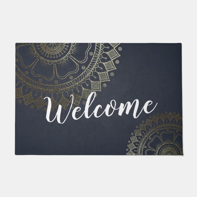 Yoga Meditation Instructor Gold Mandala Navy Blue Fußmatte (Vorderseite)