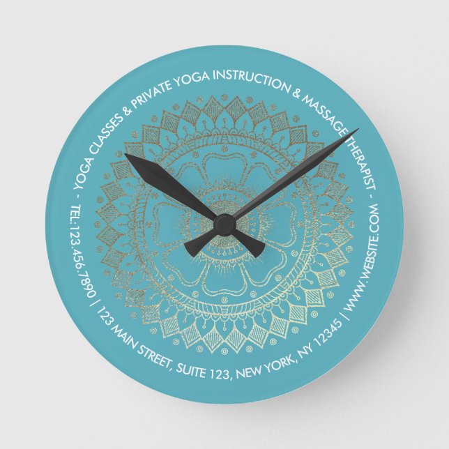Yoga Meditation Instructor Green Blue Gold Mandala Runde Wanduhr (Vorderseite)