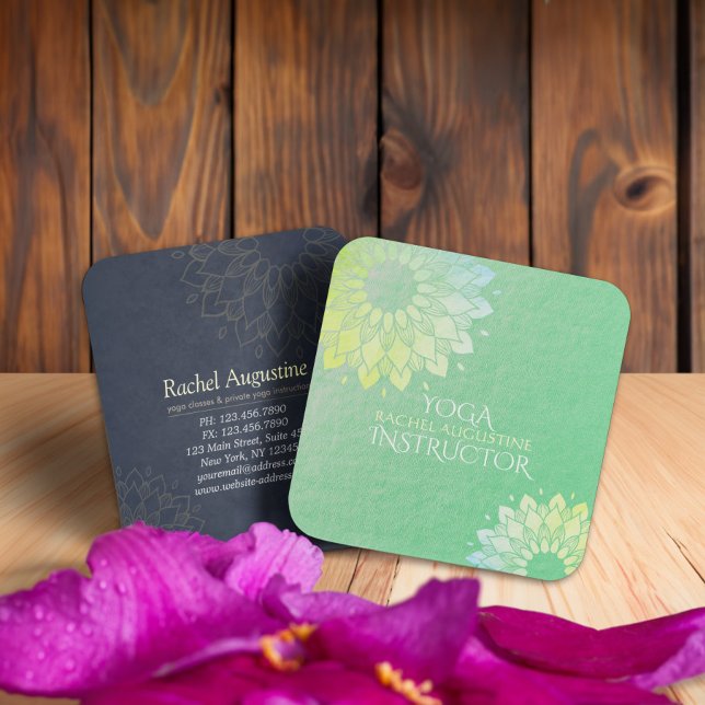 Yoga Meditation Instructor Green Gold Foil Mandala Quadratische Visitenkarte (Von Creator hochgeladen)
