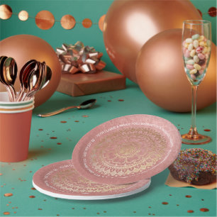 Yoga Meditation Instructor Pink Gold Foil Mandala Pappteller