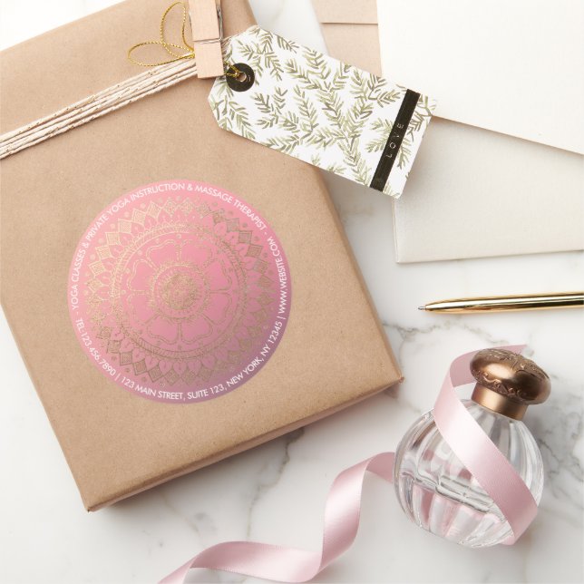 Yoga Meditation Instructor Pink Gold Foil Mandala Runder Aufkleber (Schenken)