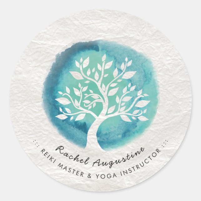 Yoga Meditation Instruktor Eleganter Aquarellbaum Runder Aufkleber (Vorderseite)